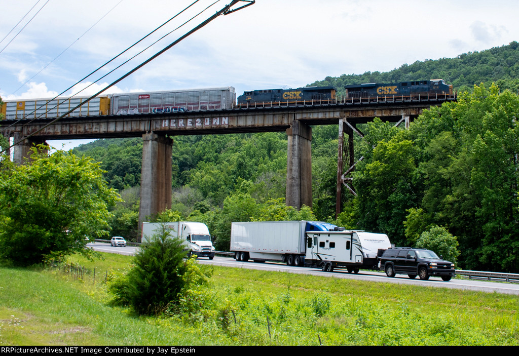 A CSX Autorack train crosses Running Water Trestle